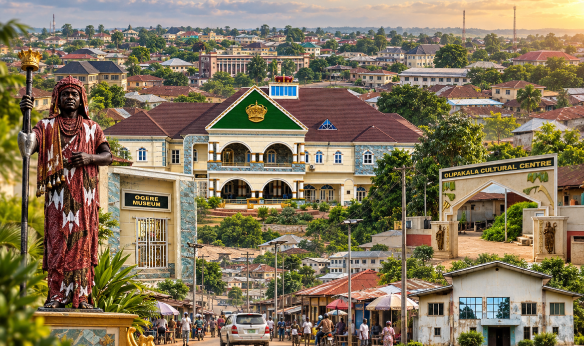 A blended historical view of Ògèrè Rẹ́mọ, including the Palace, cultural landmarks, town centre and civic institutions.